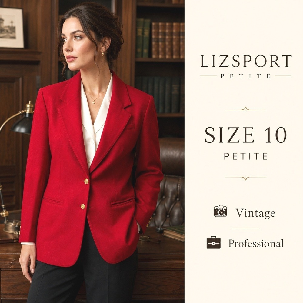 Lizsport Blazer Women Petite Red Vintage‎ 90s Gold Crest Button Tailored Wool